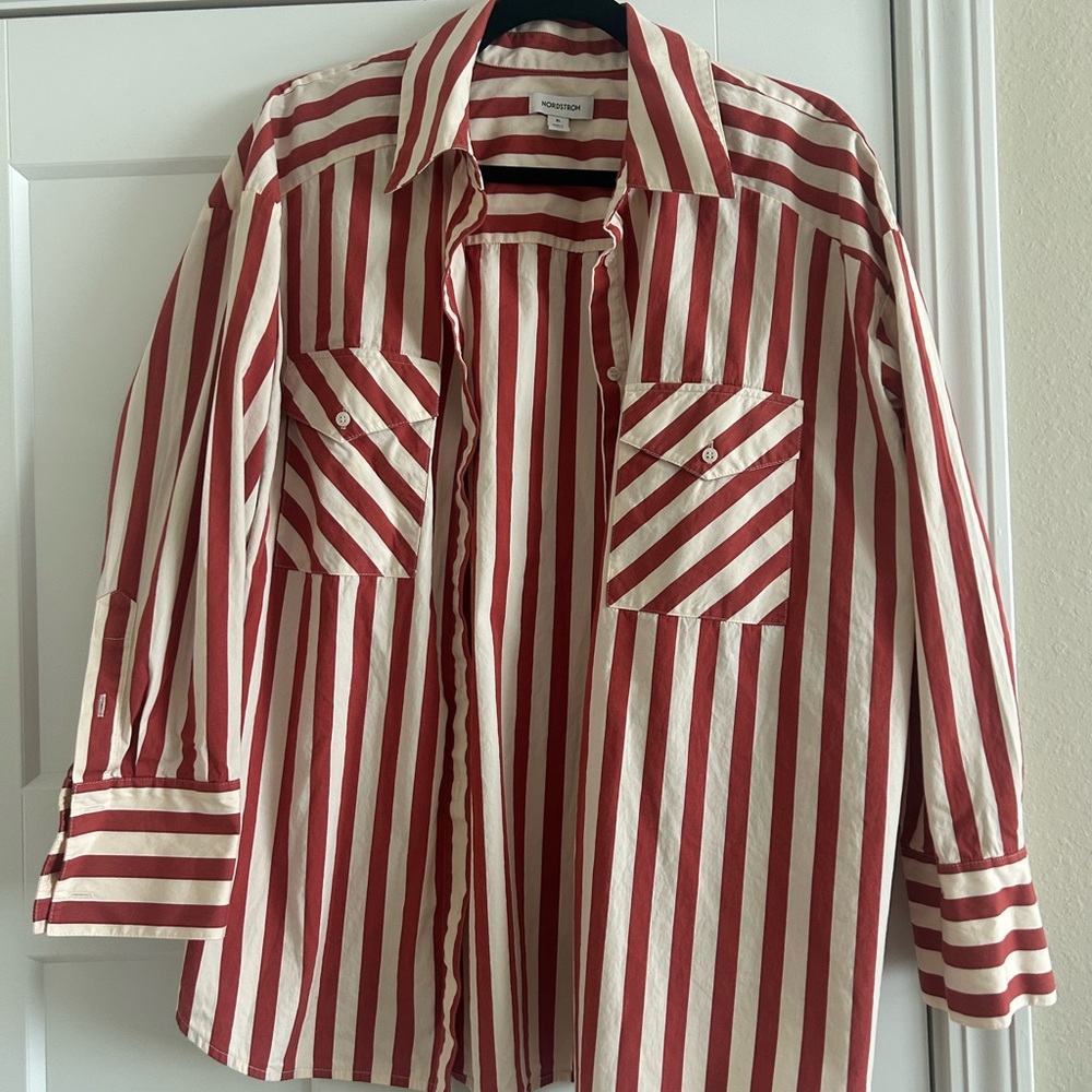 Red and White Striped Button-Up Shirt